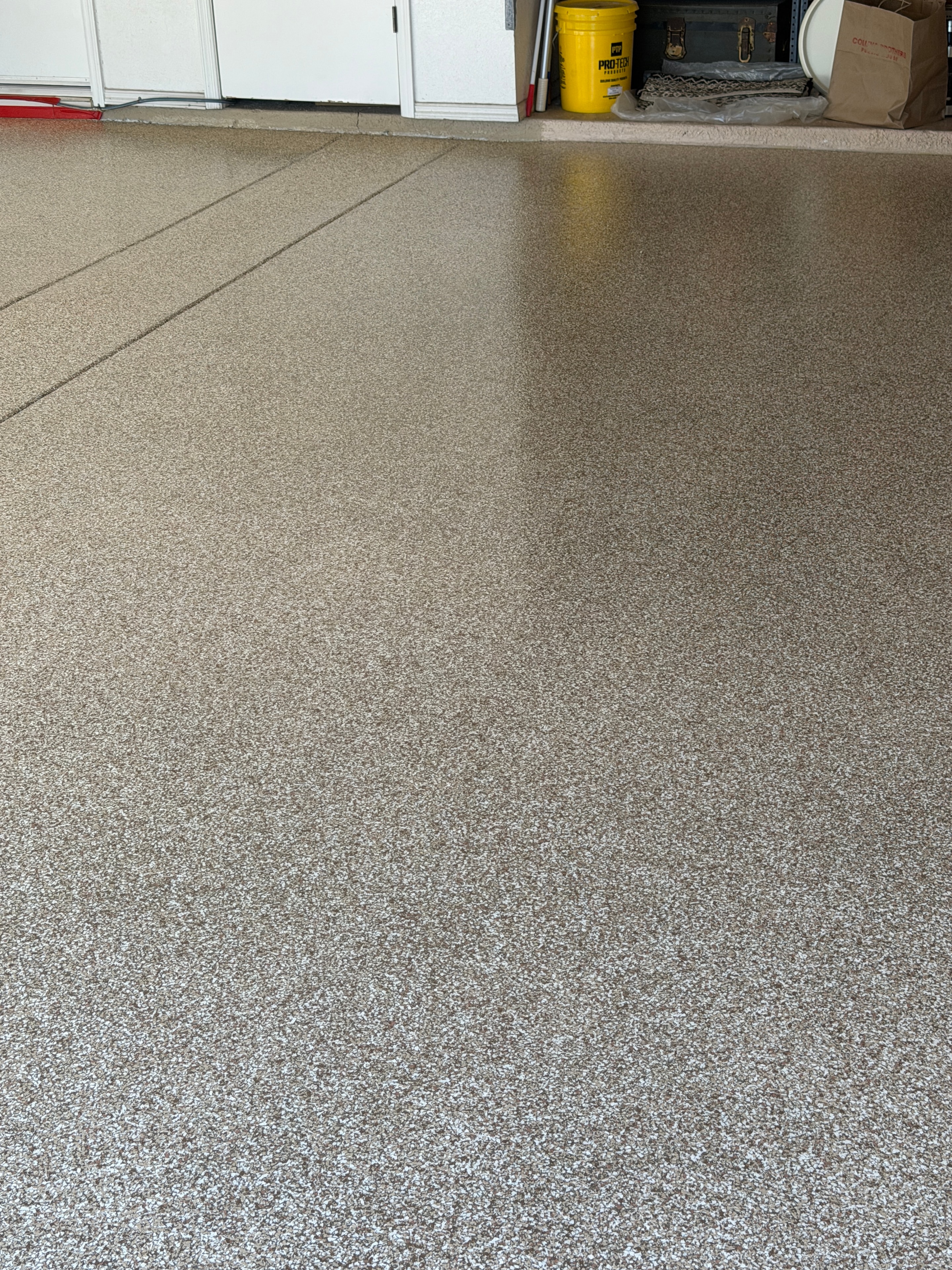 Desert Tumbleweed Flake — Full Floor — Desert Tumbleweed flake blend with polyaspartic topcoat — full floor view showing seamless coverage and texture. Arizona.